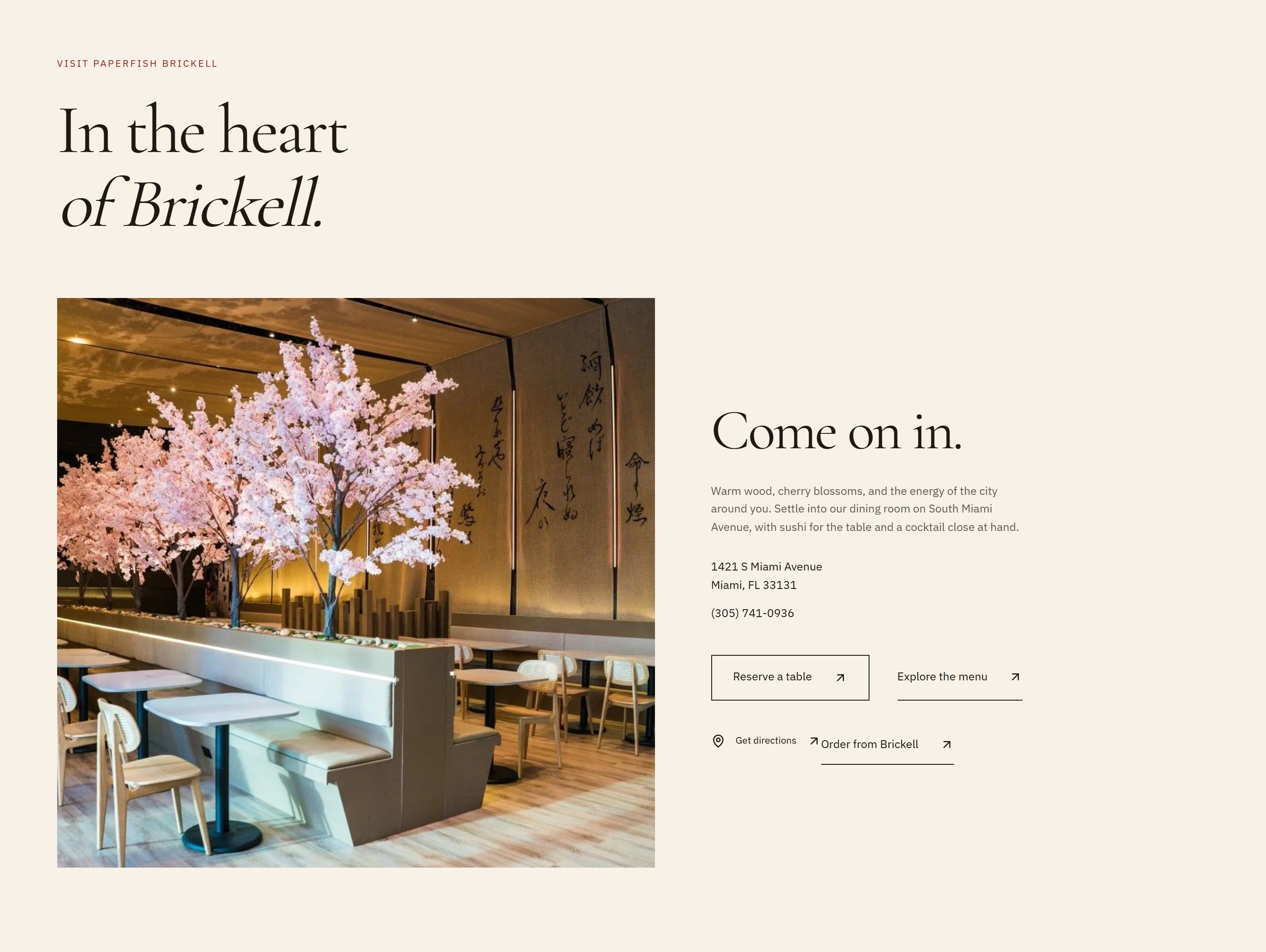 Paperfish Brickell concept visit page with the dining room, address, reservations, and directions